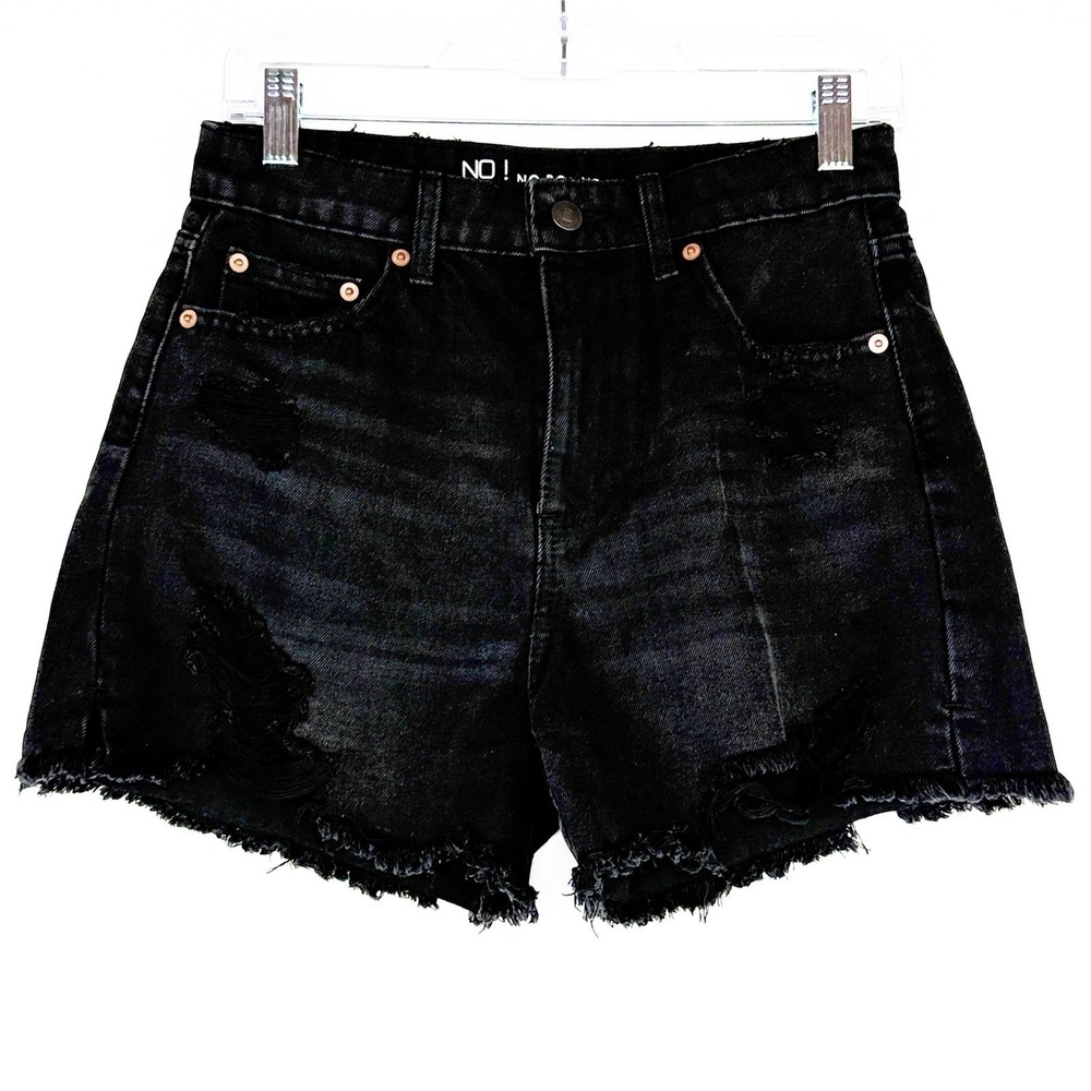 No Boundaries Womens High Rise Distressed Denim Shorts Washed Black Size 5